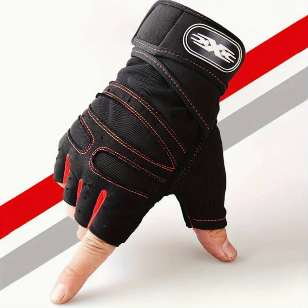 Callie Lives Red Blue Fingerless Wrist Support Weight Training Biking Gloves - Picture 5 of 5